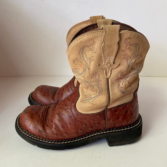 Ariat Fatbaby Brown Suede Embossed Ostrich Cowboy Boots Size 6B - Picture 3 of 15